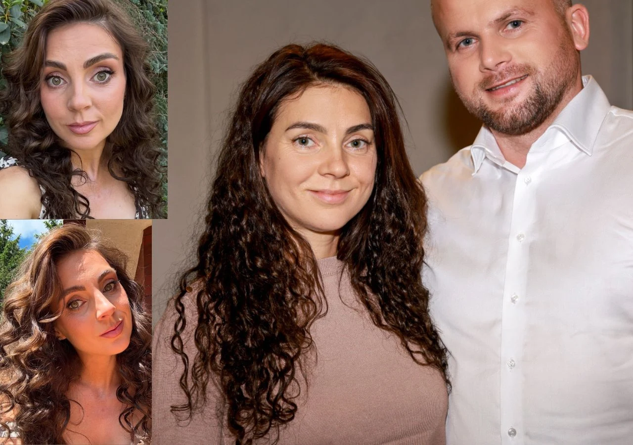Anna Cieślińska z "Rolnik szuka żony" po metamorfozie Uśmiechnięta kobieta o długich, ciemnych, kręconych włosach pozuje obok mężczyzny w białej koszuli, a obok ich wspólnego portretu znajdują się dwa oddzielne zdjęcia przedstawiające tę samą kobietę z mocniejszym makijażem i inną fryzurą.