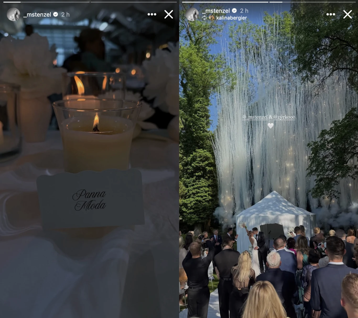 Zapalone świece na elegancko nakrytym stole oraz tłum gości zgromadzonych na zewnątrz podczas ceremonii ślubnej z białą dekoracją i spektakularnymi efektami świetlnymi wśród zieleni.
