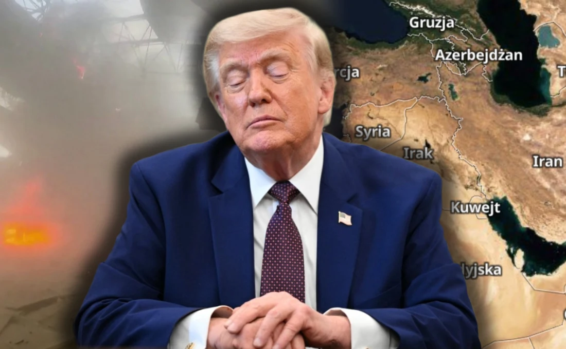 Wojna na Bliskim Wschodzie. Donald Trump zbagatelizował atak Iranu na Kuwejt Prezydent USA Donald Trump na tle mapy Bliskiego Wschodu i wybuchów po atakach