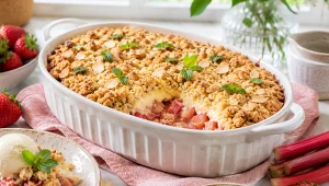 Crumble z truskawkami i rabarbarem, czyli owoce pod kruszonką z budyniem
