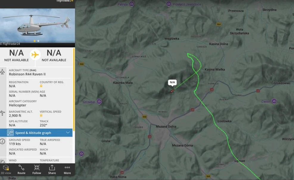 Mapa lotu śmigłowca Robinson R44 Raven II z zaznaczoną trasą przelotu w rejonie górskim między miejscowościami Kasiną Wielką i Mszaną Dolną, po lewej szczegółowe dane techniczne dotyczące śmigłowca i parametru lotu.