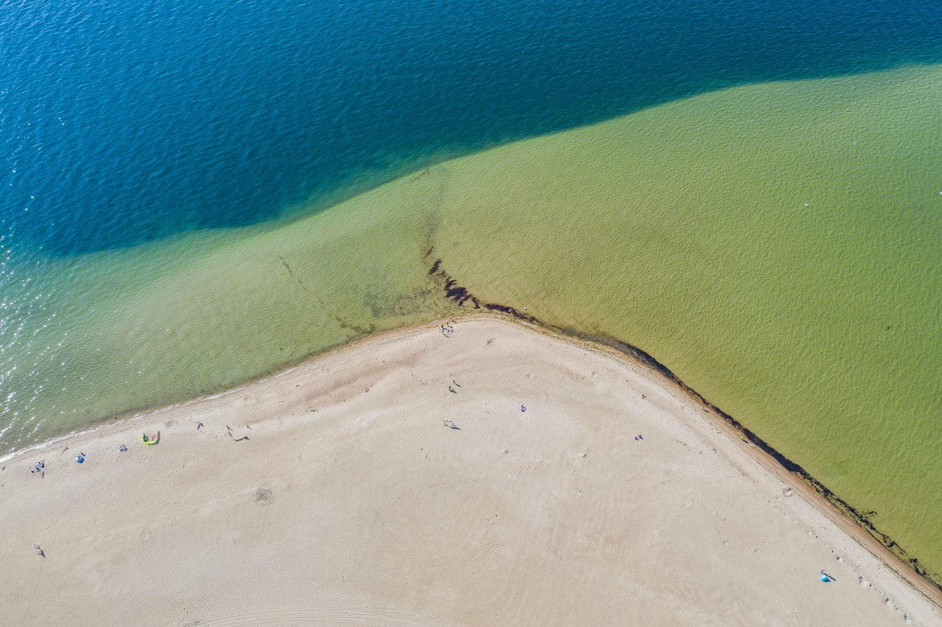 Szeroka, jasna plaża oddzielona od morza naturalną linią graniczną, wyraźny kontrast między błękitną wodą a płytką, zieloną strefą przybrzeżną.