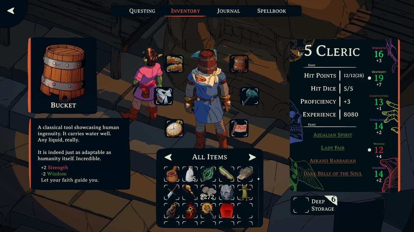 Ekran ekwipunku gry RPG z postacią kleryka na środku, otoczony panelami prezentującymi statystyki bohatera, dostępne przedmioty oraz szczegółowy opis wybranego wiadra jako narzędzia użytkowego.