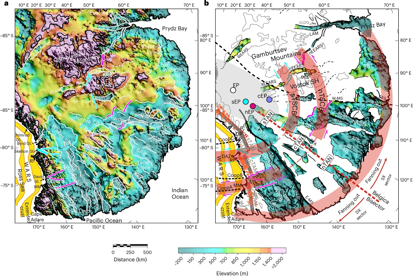Kolorowa mapa topograficzna fragmentu Antarktydy Wschodniej pokazująca zróżnicowanie wysokości terenu, główne pasma górskie, zatoki oraz oznaczone linie tektoniczne i geologiczne podkreślające struktury podlodowcowe i granice płyt litosferycznych.