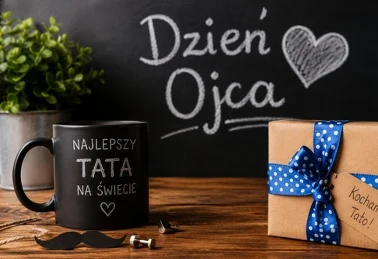 Prezent na Dzień Ojca: czarny kubek z napisem „Najlepszy Tata na świecie" i zapakowany upominek z bilecikiem „Kocham Cię Tato"