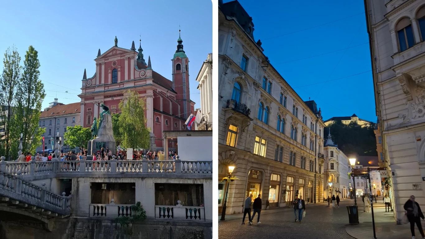 Po lewej stronie widoczny różowy kościół z dwiema wieżami i plac pełen ludzi, po prawej – oświetlone kamienice przy brukowanej ulicy wieczorem oraz zamek na wzgórzu w tle.