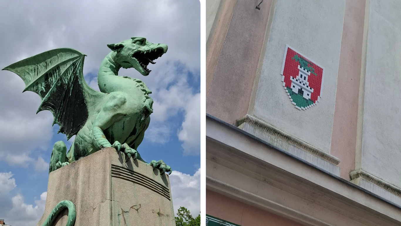 Zielony pomnik smoka z rozpostartymi skrzydłami na wysokim piedestale oraz emblemat z białym zamkiem na czerwono-zielonym tle zamocowany na ścianie budynku.