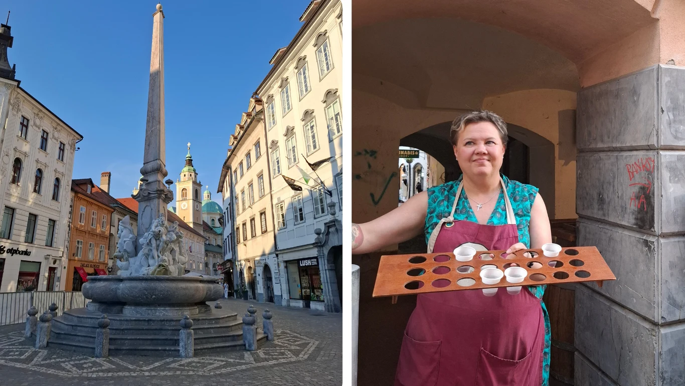 Kamienna fontanna z obeliskiem pośród historycznych kamienic oraz kobieta w bordowym fartuchu prezentująca tackę z próbkami jedzenia.