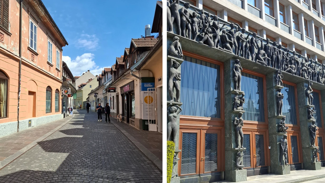 Urokliwa, brukowana uliczka z niskimi, kolorowymi kamienicami sąsiaduje z monumentalną fasadą budynku ozdobioną licznymi rzeźbami ludzkich postaci układających się w dekoracyjne kolumny i fryz.