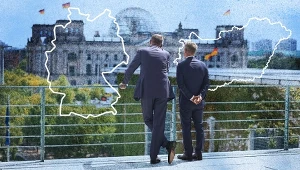 Premier Węgier Peter Magyar w Berlinie z kanclerzem Niemiec Friedrichem Merzem | grafika: Jan Nalepa