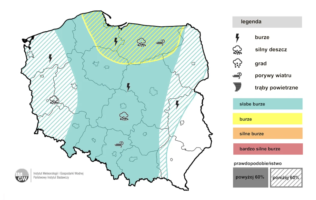 Prognoza burz na niedzielę 7 czerwca Mapa Polski z zaznaczonymi obszarami prognozowanych burz, silnych opadów deszczu, gradu oraz porywów wiatru; najbardziej zagrożone burzami są rejony południowe i centralne, słabsze zjawiska przewidywane są na północy, uwzględniono także prawdopodobieńs...