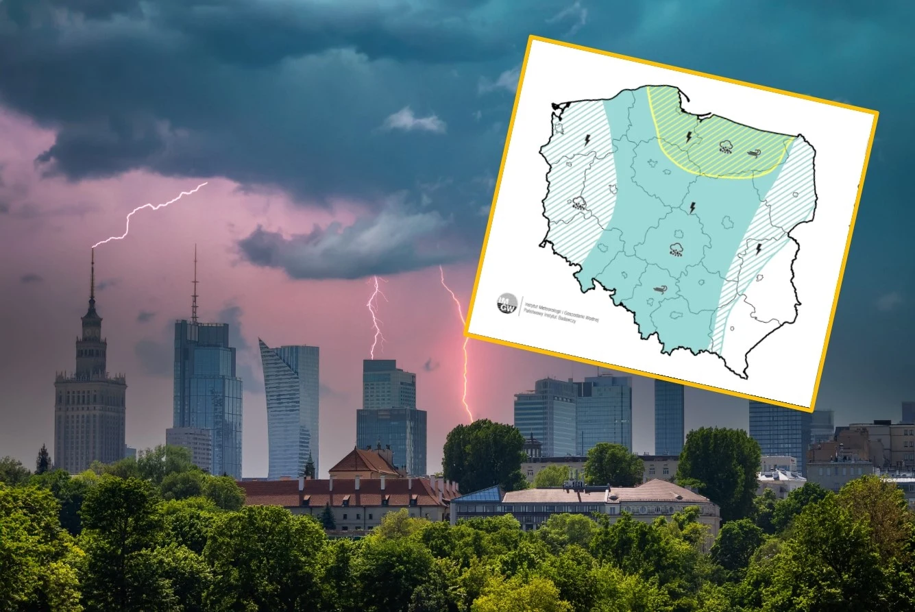 Meteorolodzy zapowiadają burzowy weekend. Przed nami spektakl błyskawic i najpiękniejszy zapach świata Panorama centrum Warszawy podczas burzy z błyskawicami oraz widoczna mapa ostrzeżeń meteorologicznych.