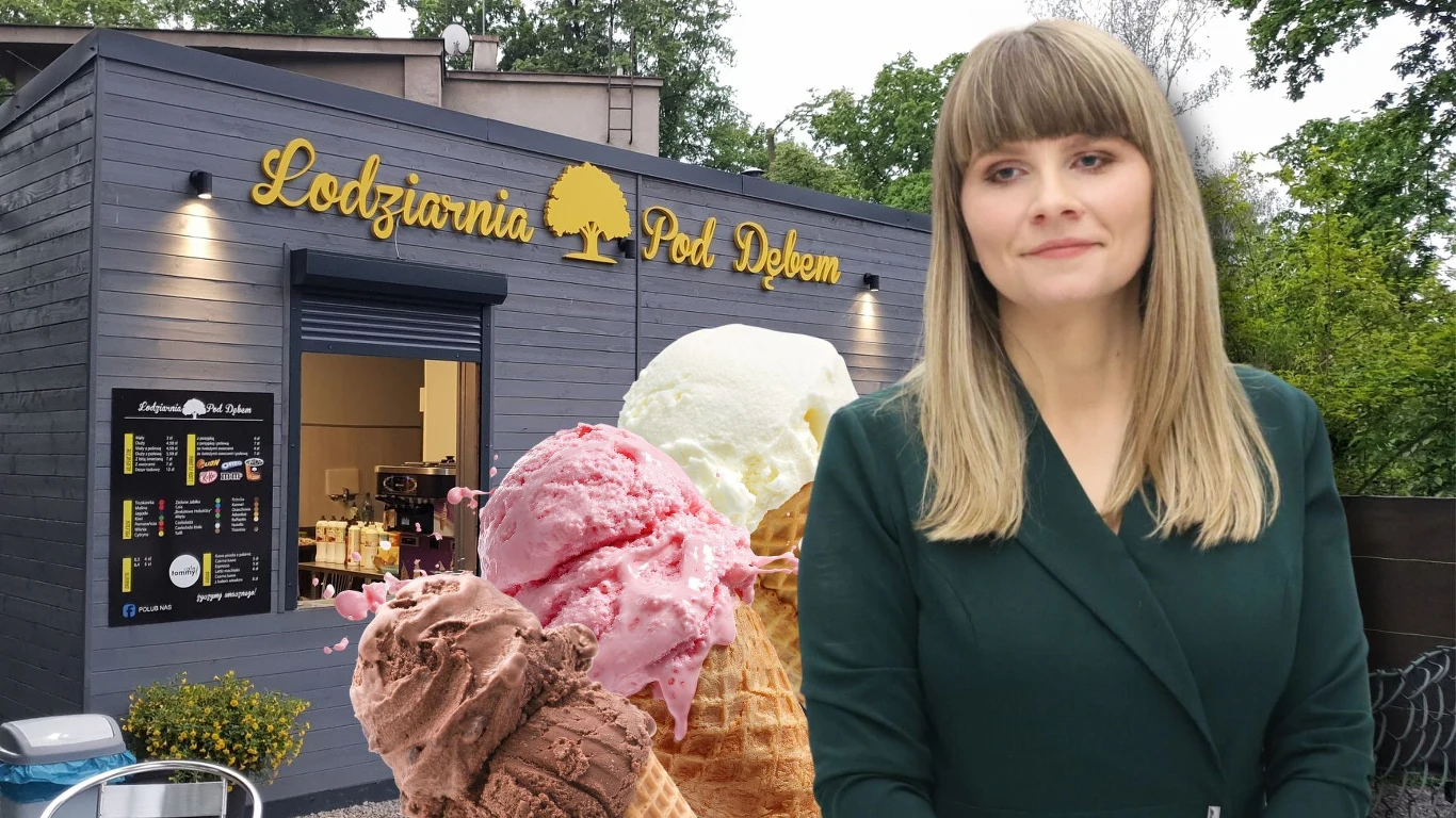 Lody za pasek czy równość bez nagród? O co naprawdę chodzi w sprawie z Pszczyny Monika Horna-Cieślak przed lodziarnią Pod Dębem w Pszczynie, lody w rożkach na pierwszym planie