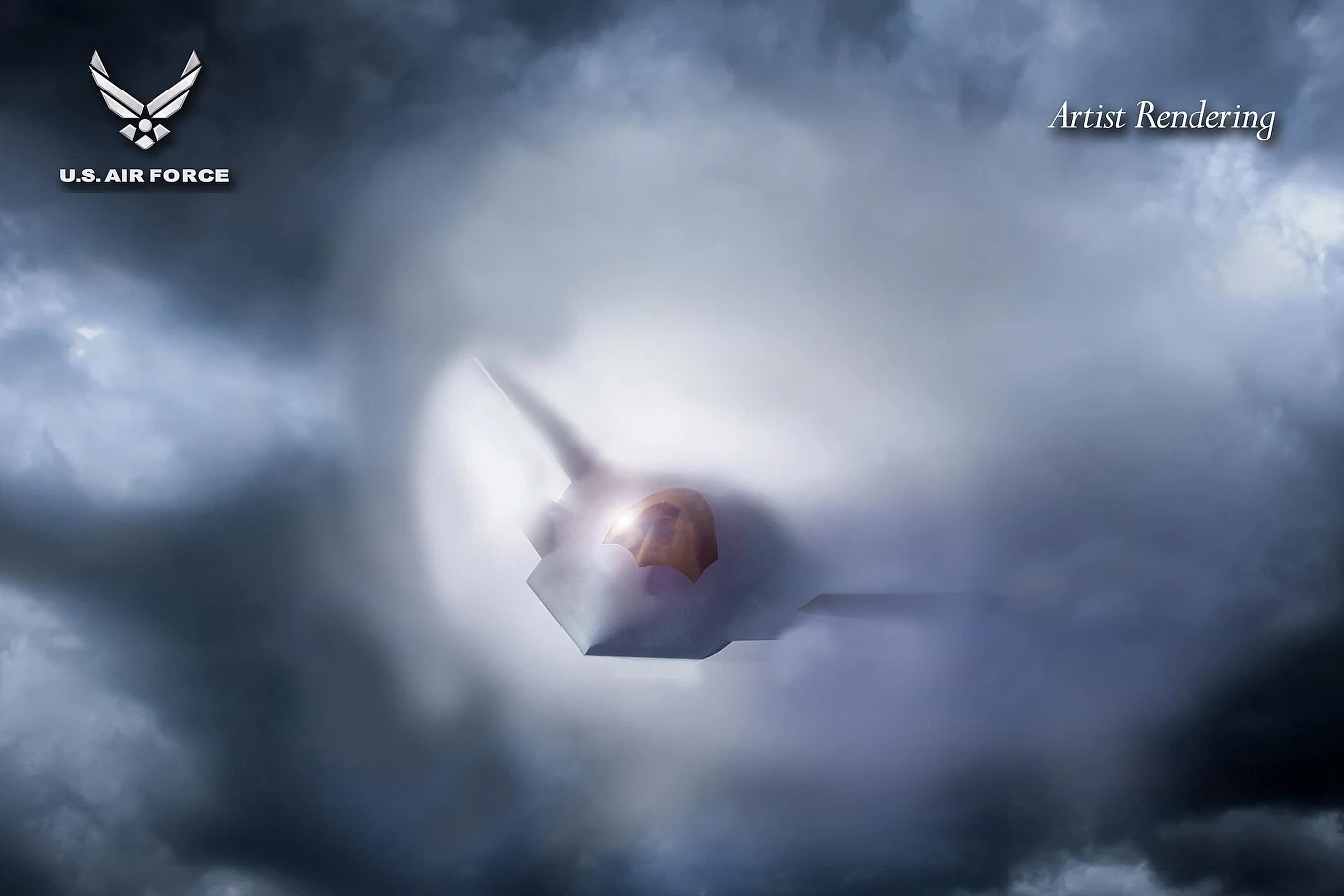 Wizualizacja myśliwca F-47 Nowoczesny myśliwiec wojskowy przebijający się przez gęste chmury, otoczony efektem przypominającym falę uderzeniową.