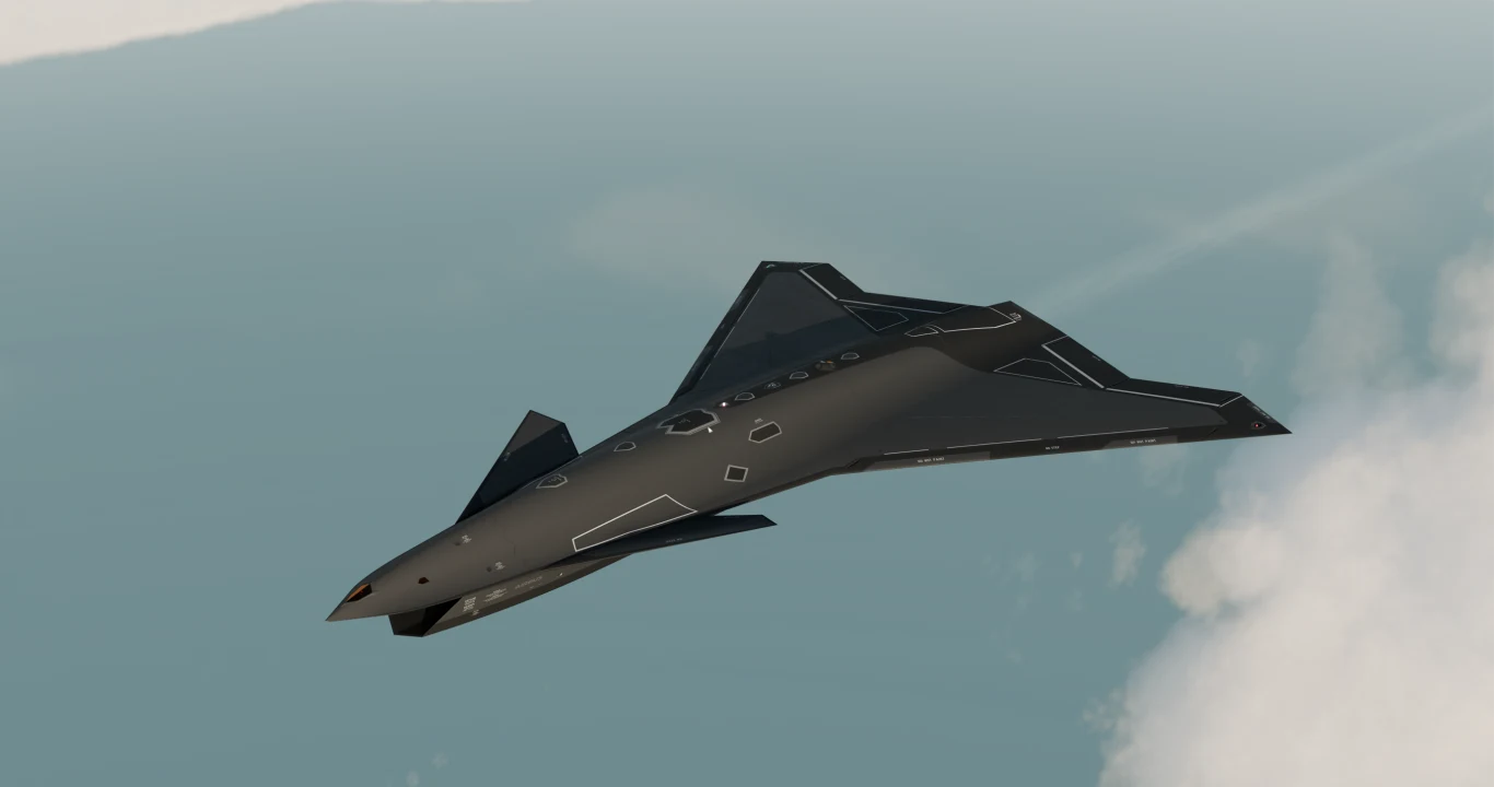Airbus Wingman Czarny, futurystyczny samolot o konstrukcji stealth z ostrymi, kanciastymi skrzydłami na tle nieba.