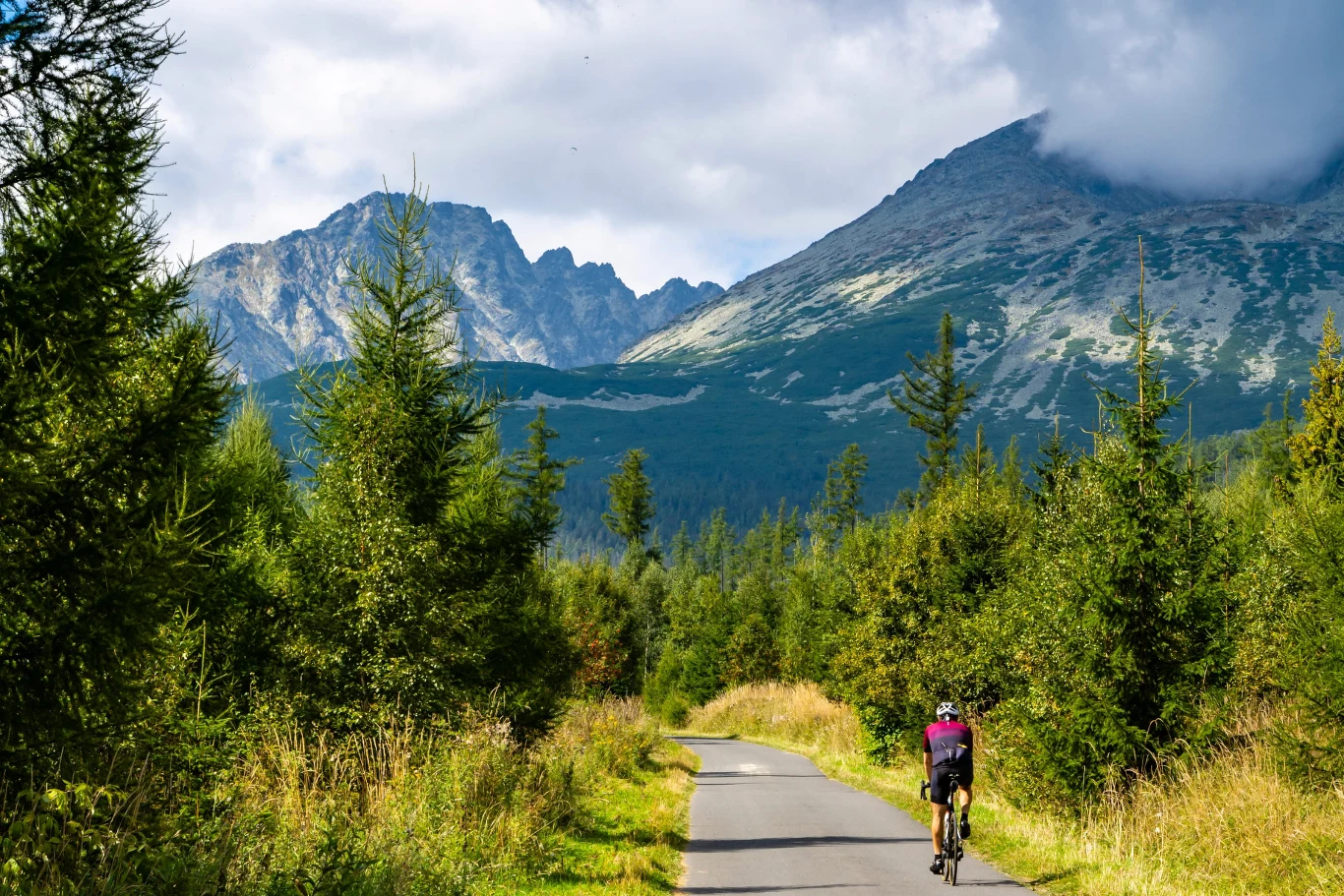Najlepsza ścieżka rowerowa w Zakopanem. Jedziesz z widokiem na Giewont Rowerzysta na Drodze pod Reglami w Zakopanem. Malownicza trasa prowadzi u podnóża Tatr i oferuje piękne widoki na Giewont.