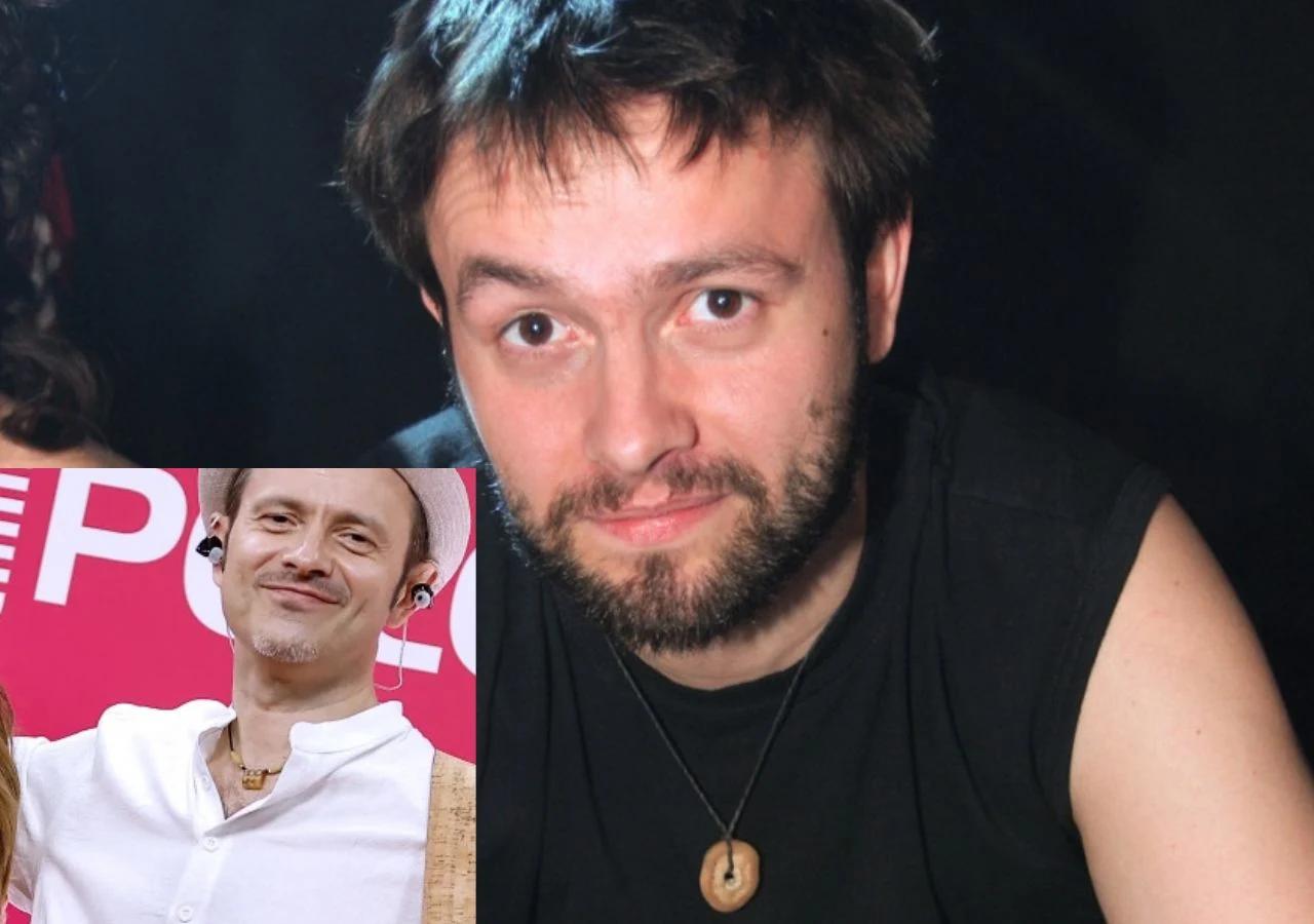 Młody mężczyzna z krótkimi, ciemnymi włosami i zarostem patrzy prosto w obiektyw, ubrany w czarną koszulkę bez rękawów i naszyjnik z okrągłą zawieszką; w lewym dolnym rogu widoczne jest drugie mniejsze zdjęcie przedstawiające mężczyznę w białej koszuli...