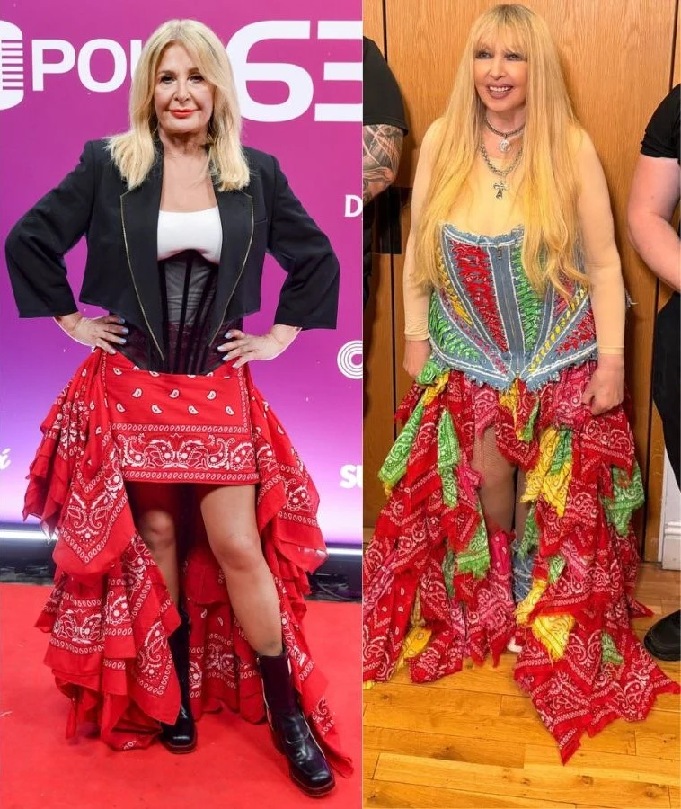Dwie kobiety w kolorowych, fantazyjnych spódnicach uszytych z czerwonych chust bandanek; po lewej kobieta w czarnej marynarce i czarnych butach, po prawej kobieta w kolorowym gorsecie i długich blond włosach.