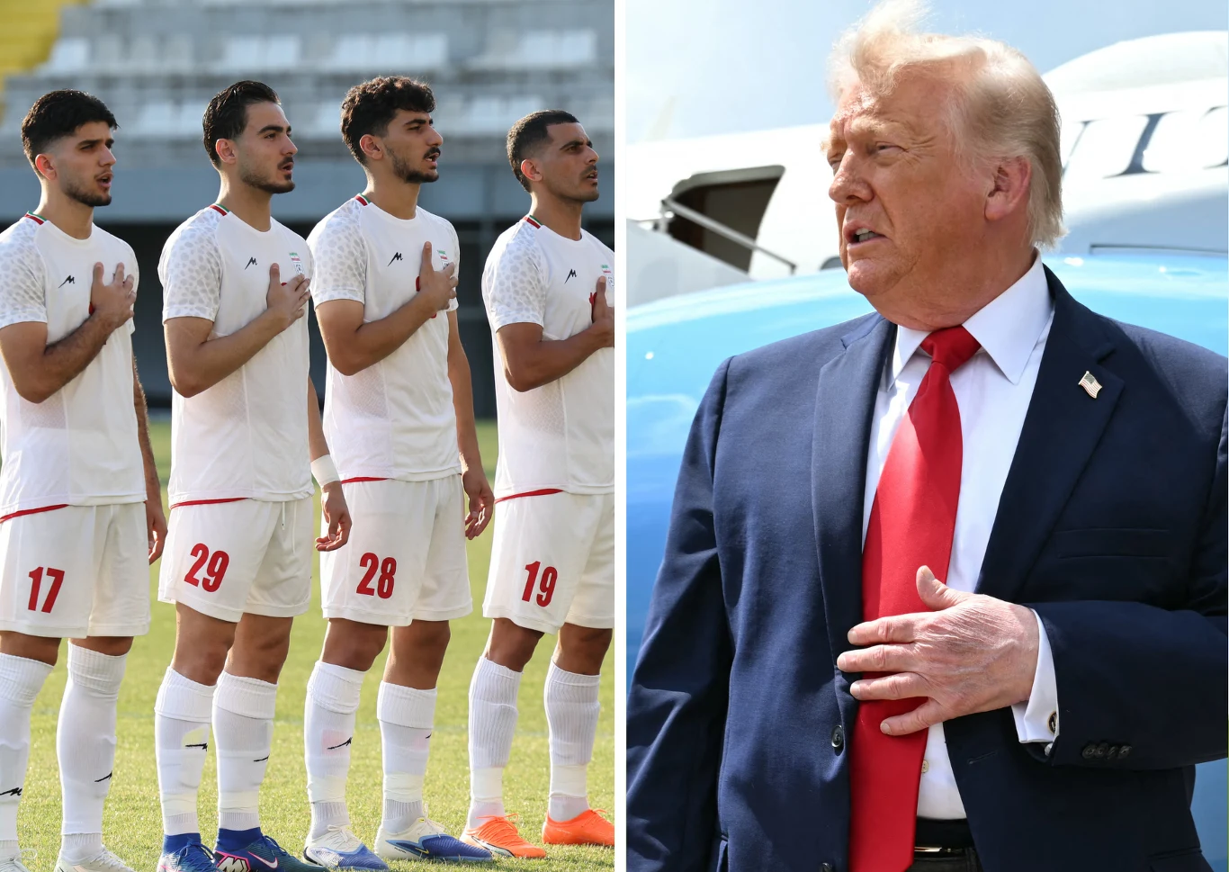 Administracja Donalda Trumpa zezwoliła irańskim piłkarzom na przyjazd do USA na MŚ 2026. Problem jednak tkwi w wydawaniu wiz personelowi technicznemu Czterech piłkarzy Iranu w białych strojach i Donald Trump z ręką na piersi, w tle samolot.