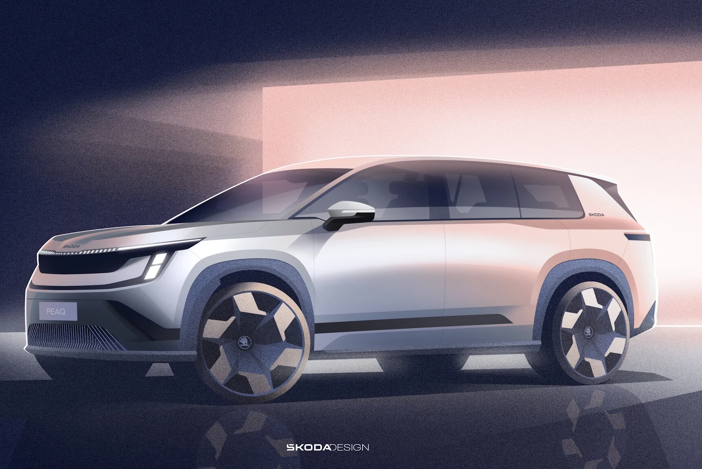 Skoda Peaq to nowy flagowy model Skoda Peaq, nowy flagowy SUV w jasnym kolorze, z geometrycznymi felgami i LED, na minimalistycznym tle