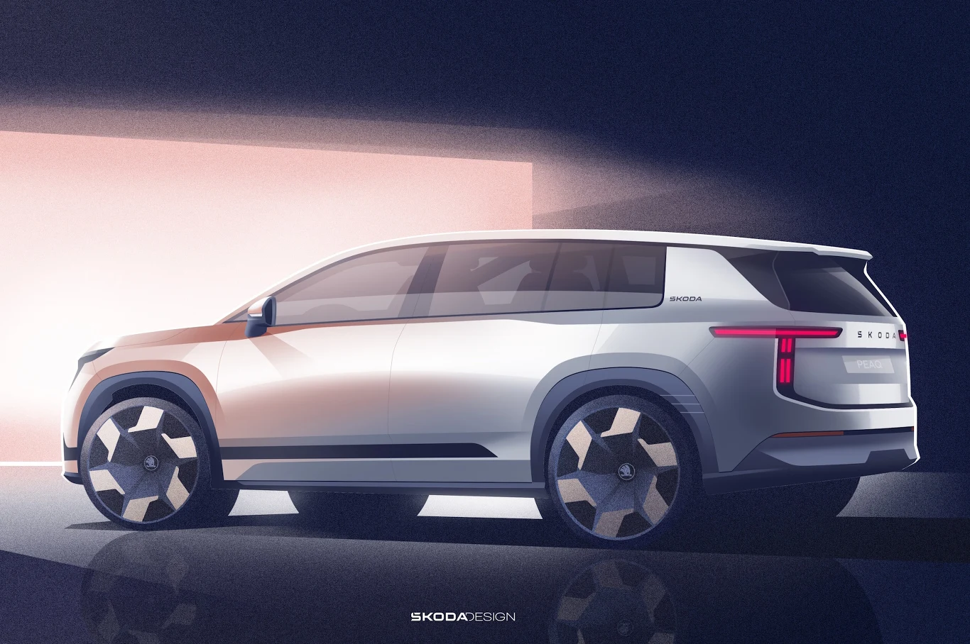 Skoda Peaq Biały nowoczesny SUV Škoda z dużymi aerodynamicznymi felgami, charakterystycznymi poziomymi tylnymi światłami LED i wyrazistymi liniami nadwozia podkreślającymi dynamiczny, futurystyczny design samochodu.