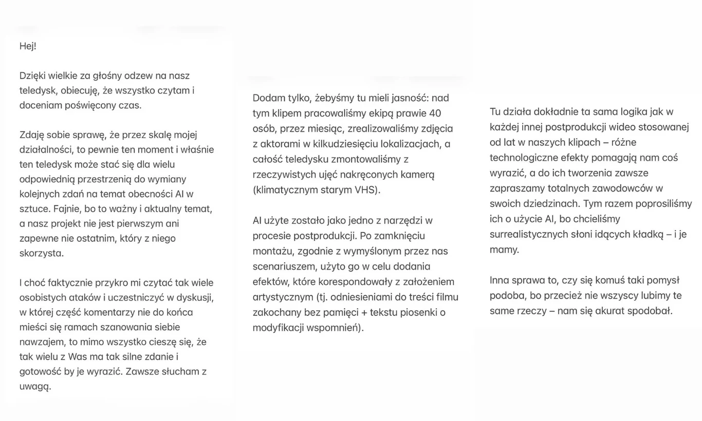 Trzy bloki tekstu napisane czarną czcionką na białym tle, zawierające informacje o organizacji pracy zespołowej oraz refleksje nad udziałem i opiniami odbiorców.