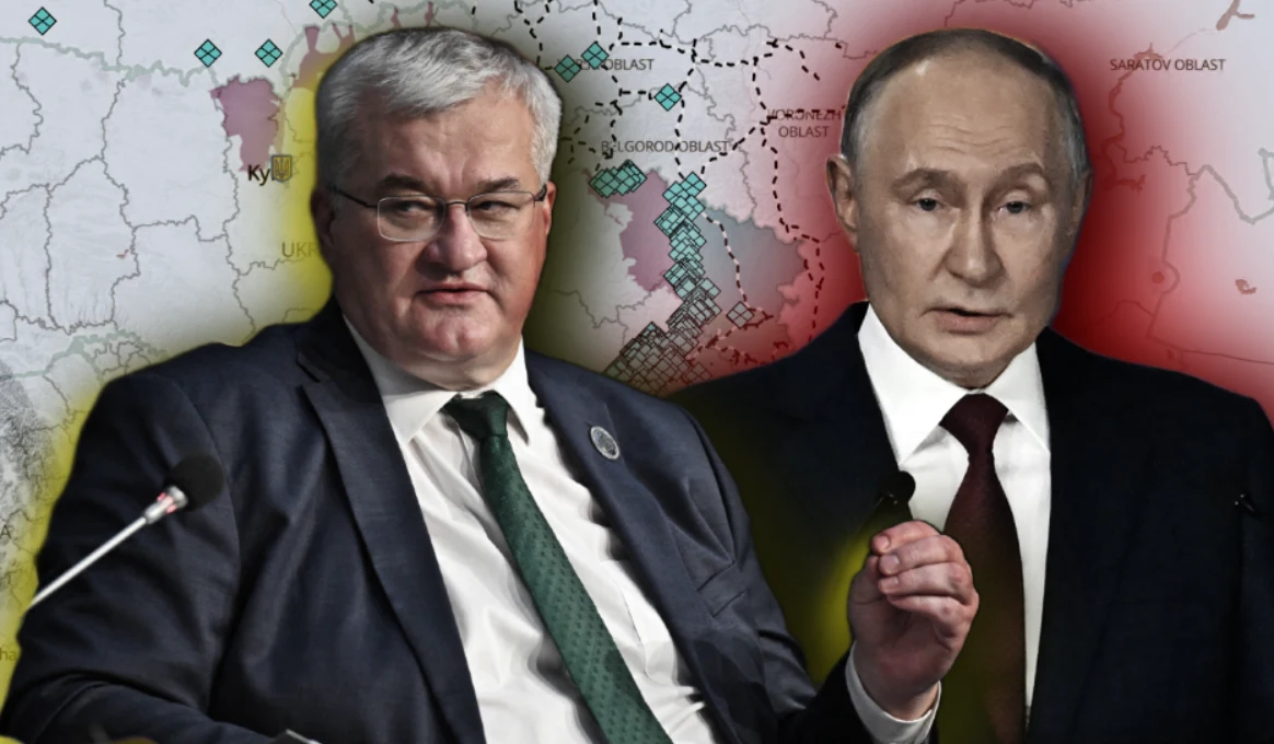 Andrij Sybiha i Władimir Putin w garniturach na tle mapy z podziałem terytorialnym i oznaczeniem konfliktu.