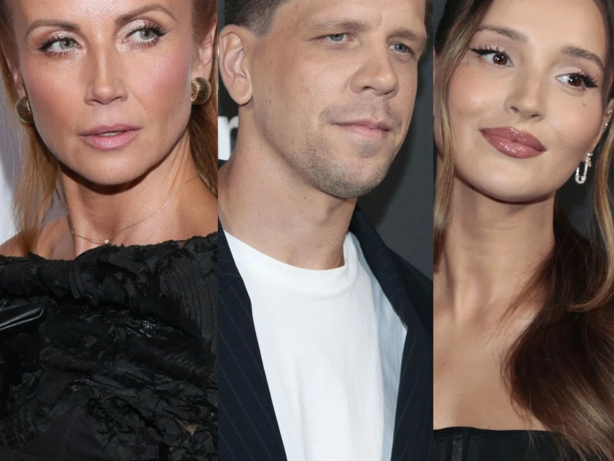 Katarzyna Zielińska, Wojciech Szczęsny, Marina Łuczenko-Szczęsna Katarzyna Zielińska, Marina Łuczenko-Szczęsna i Wojciech Szczęsny w eleganckich strojach na neutralnym tle.