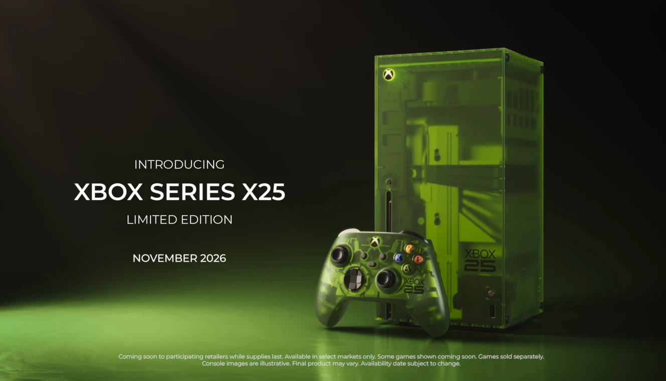 Limitowana edycja konsoli Xbox Series X25 w przezroczystej, zielonej obudowie, obok której znajduje się dopasowany kolorystycznie kontroler, całość zaprezentowana na ciemnym tle z podświetleniem tworzącym efekt ekskluzywności.