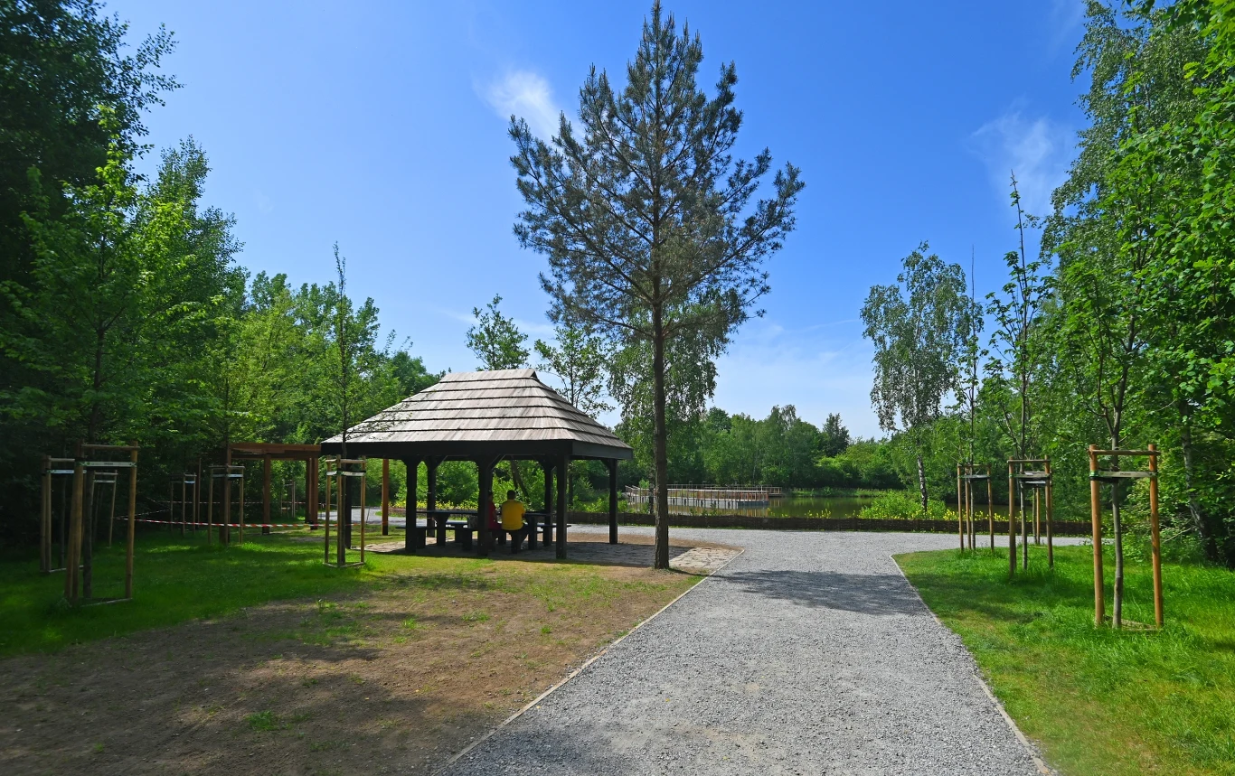 Park Tetmajera w Krakowie to zielona przestrzeń idealna do aktywnego odpoczynku i relaksu. Altana z ławkami położona przy żwirowej ścieżce, otoczona zielenią i drzewami, na tle stawu i niebieskiego nieba.
