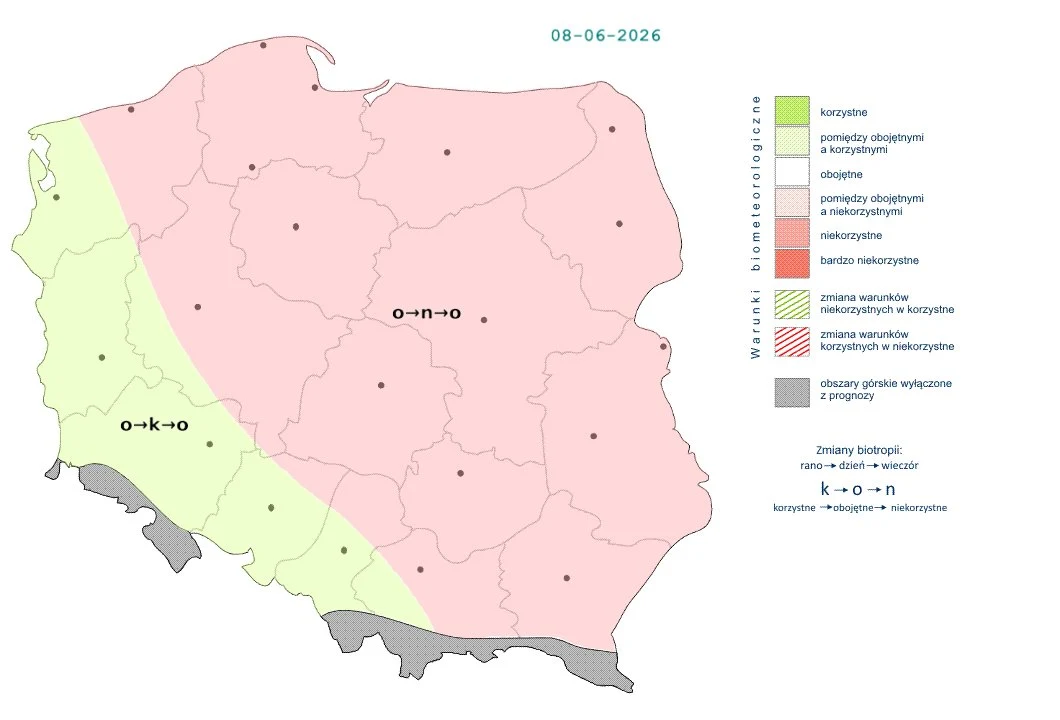 Mapa Polski z obszarem korzystnym biometu atmosferycznego zaznaczonym na zielono w zachodniej części kraju i dominującymi niekorzystnymi warunkami atmosferycznymi w pozostałych, zaznaczonych na różowo, regionach.