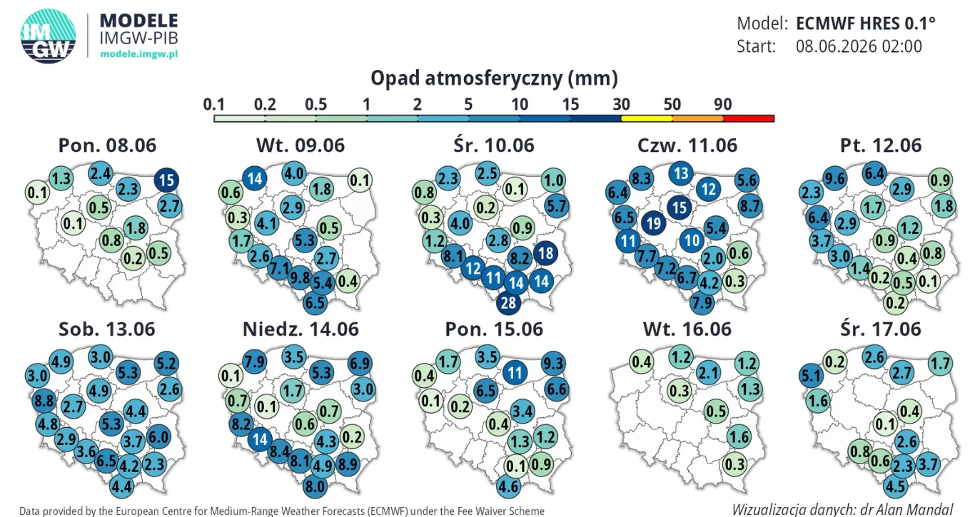 Od wtorku rozpocznie się maraton deszczu Mapy Polski z prognozą sumy opadów atmosferycznych w milimetrach na kolejne dni czerwca 2026 roku, wskazujące rozmieszczenie i natężenie opadów w różnych regionach kraju, z wyraźnie zaznaczonymi dniami o największych opadach na północnym wschodzie i po...