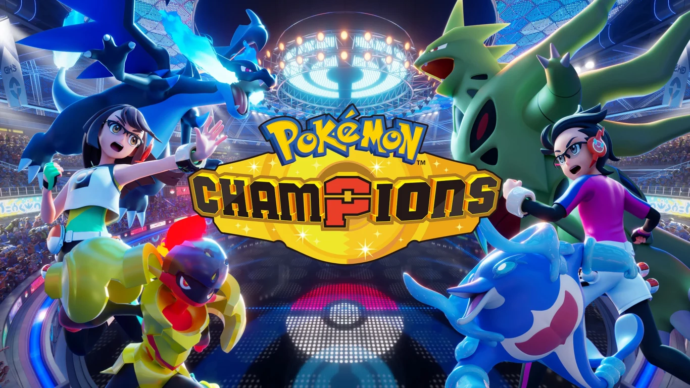 Pokémon Champions Dwóch trenerów Pokémon i ich drużyny na stadionowej arenie, centralnie widoczne logo Pokémon Champions.