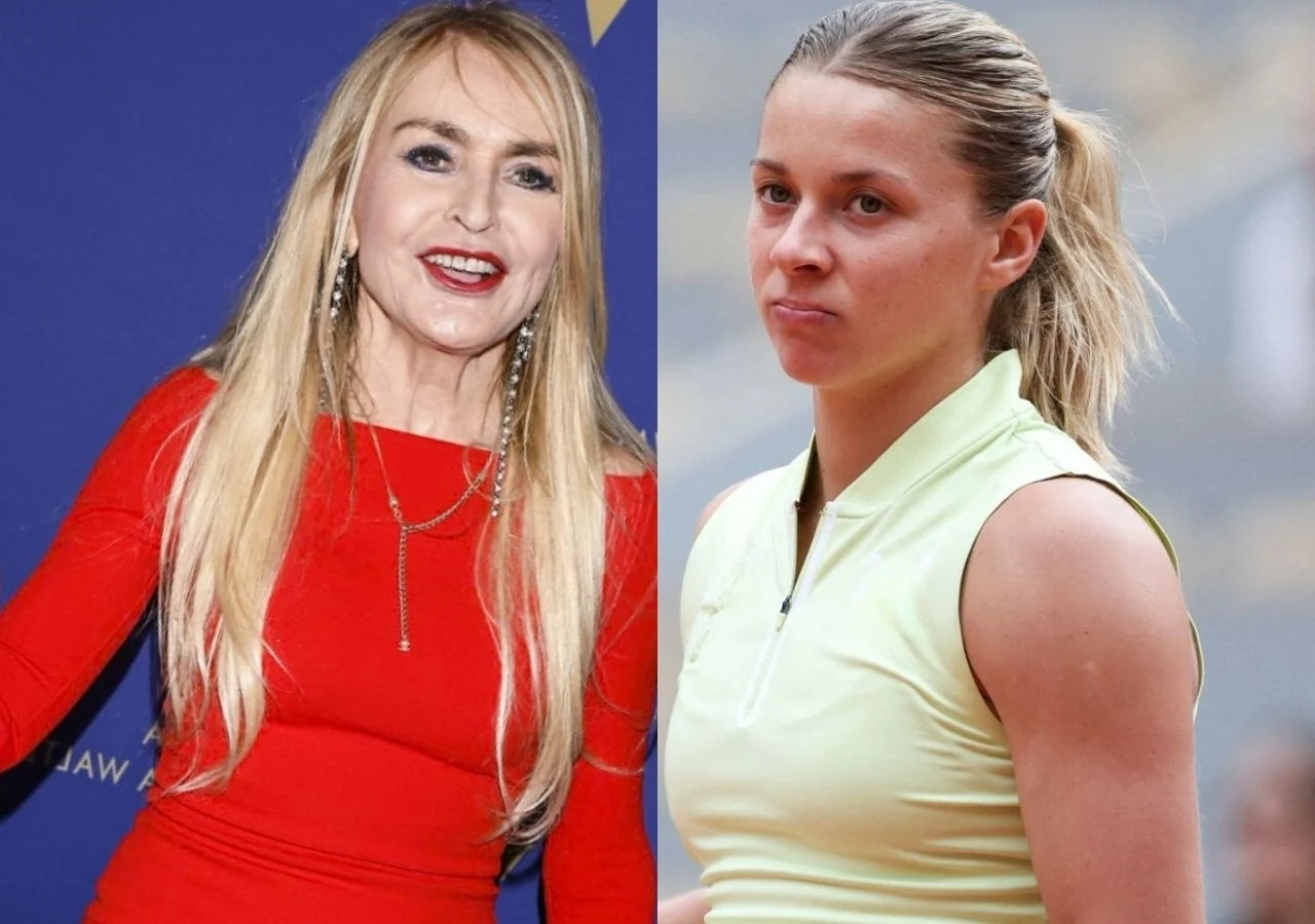 Monika Olejnik i Maja Chwalińska Monika Olejnik w czerwonej sukience oraz tenisistka Maja Chwalińska w stroju sportowym.