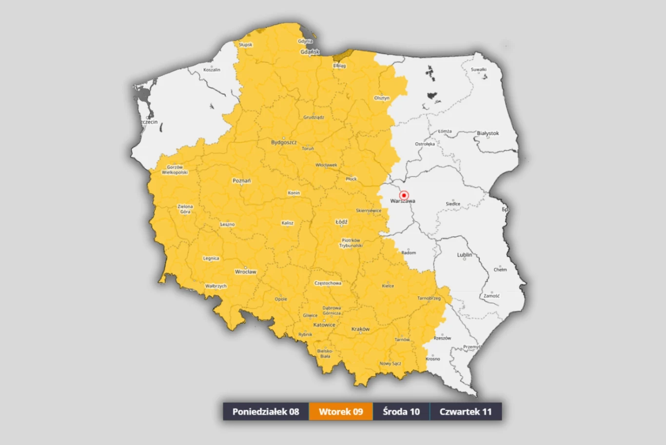 Załamanie pogody we wtorek nastąpi w centrum i na zachodzie. Tam możliwe będą alerty IMGW pierwszego stopnia z powodu burz Mapa Polski z zaznaczonym na żółto obszarem obejmującym większość kraju, podzielona zgodnie z granicami województw, z legendą na dole wskazującą dzień tygodnia — wtorek 09 wyróżniony pomarańczowym kolorem.