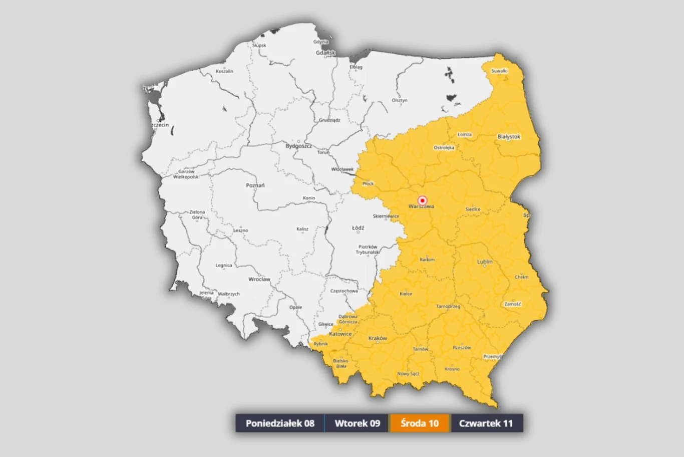 Środa będzie burzowa na wschodzie. Najwięcej deszczu spadnie w południowo-wschodnich rejonach kraju Wschodnia część Polski oznaczona na żółto, z wyróżnionymi granicami województw, sugerująca alert lub ostrzeżenie obowiązujące w tym regionie w środę 10-go, według paska dat na dole mapy.