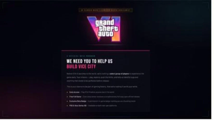 Kolorowe logo gry Grand Theft Auto z napisem 'build Vice City' oraz informacja o poszukiwaniu graczy do udziału w testach nadchodzącej produkcji.