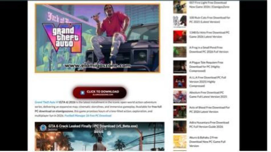 Strona internetowa z kolorową grafiką promującą grę Grand Theft Auto VI, przyciskiem „Click to Download” oraz listą proponowanych plików i artykułów po prawej stronie ekranu.
