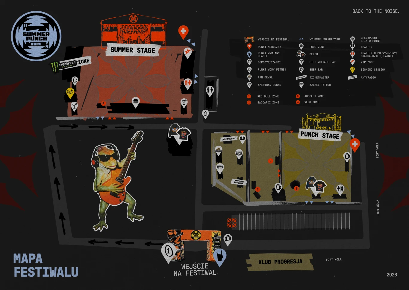 Mapka Summer Punch Festivalu Mapa festiwalu z wyraźnie oznaczonymi scenami Summer Stage i Punch Stage, kolorową grafiką żaby z gitarą pośrodku oraz legendą z ikonami przedstawiającymi najważniejsze punkty, takie jak wejście, food zone i klub Progresja.