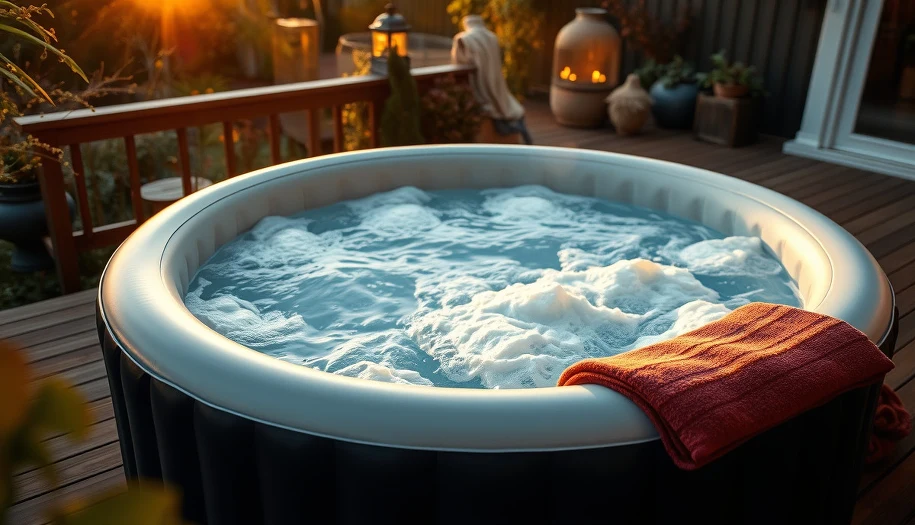 Dmuchane jacuzzi do ogrodu — ceny z gazetek 2026 Dmuchane jacuzzi Lay-Z-Spa w ogrodzie wieczorem, ciepła woda z bąbelkami