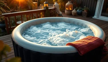 Dmuchane jacuzzi Lay-Z-Spa w ogrodzie wieczorem, ciepła woda z bąbelkami