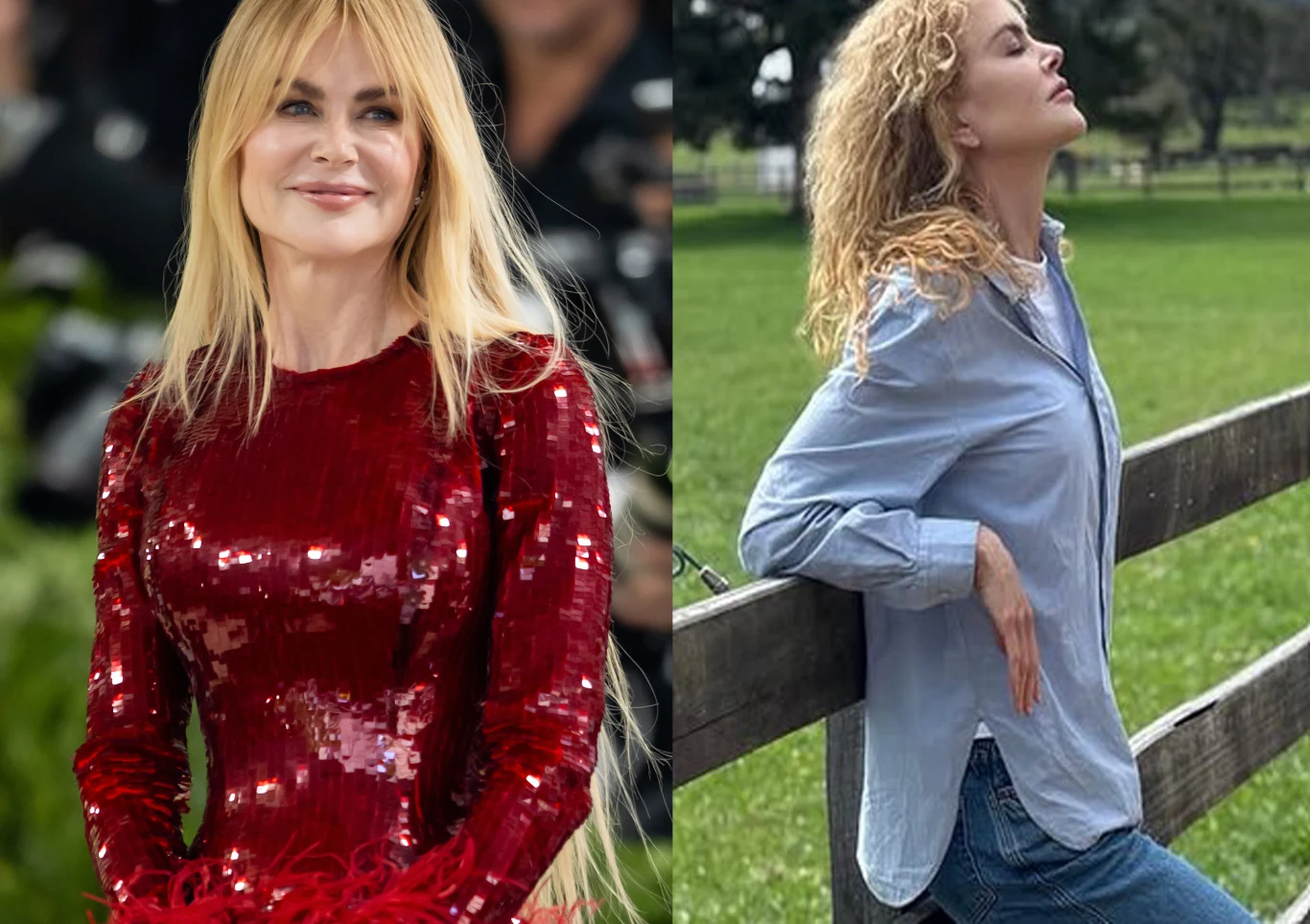Nicole Kidman pokazała się w naturalnym wydaniu Po lewej kobieta w błyszczącej czerwonej sukni z długimi rękawami i jasnymi, prostymi włosami, po prawej ta sama kobieta w dżinsach i niebieskiej koszuli, oparta o drewniany płot na tle zielonej trawy.