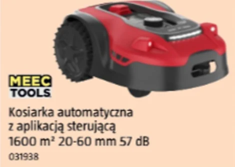 Czerwona kosiarka automatyczna marki Meec Tools z dużymi, czarnymi kołami, wyposażona w aplikację sterującą, przeznaczona do koszenia powierzchni do 1600 m².