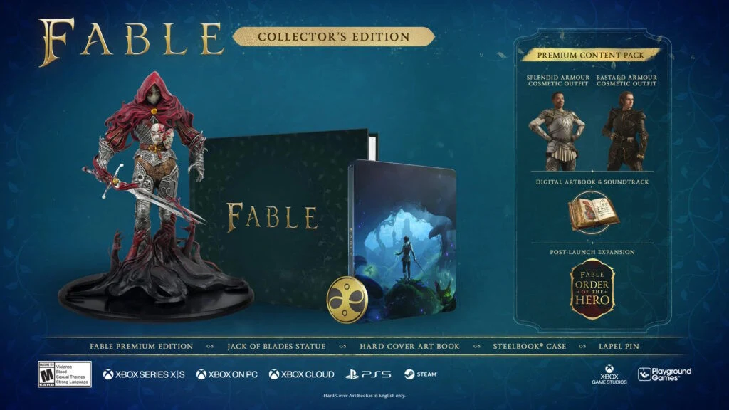 Edytorska edycja kolekcjonerska gry Fable z figurką Jack of Blades, ilustrowaną książką w twardej oprawie, stalowym pudełkiem, przypinką oraz cyfrową zawartością premium obejmującą kostium, emotkę i rozszerzenie gry.