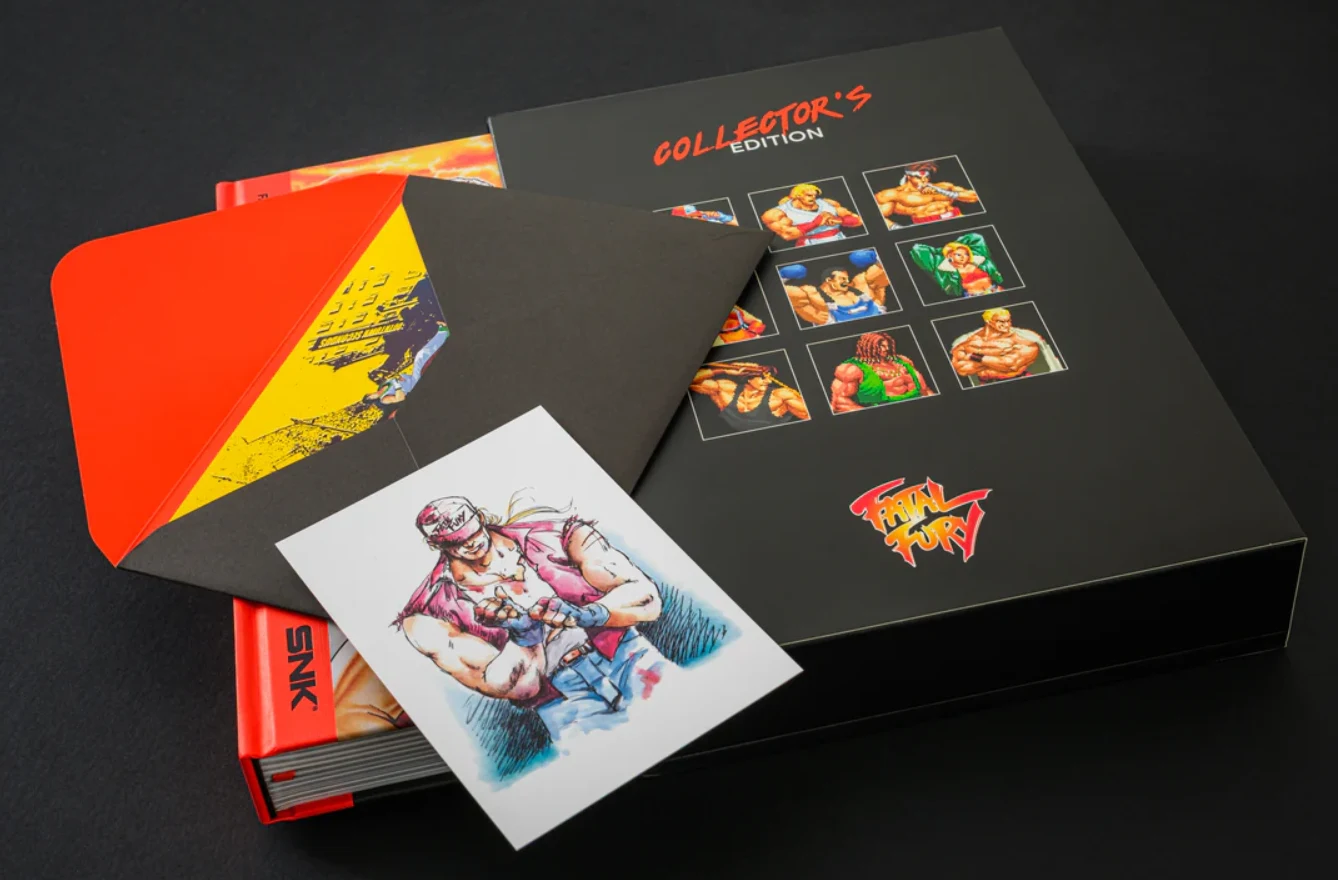 Edycja kolekcjonerska gry Fatal Fury z grafiką przedstawiającą głównych bohaterów, specjalną kopertą i kolorową ilustracją jednej z postaci.