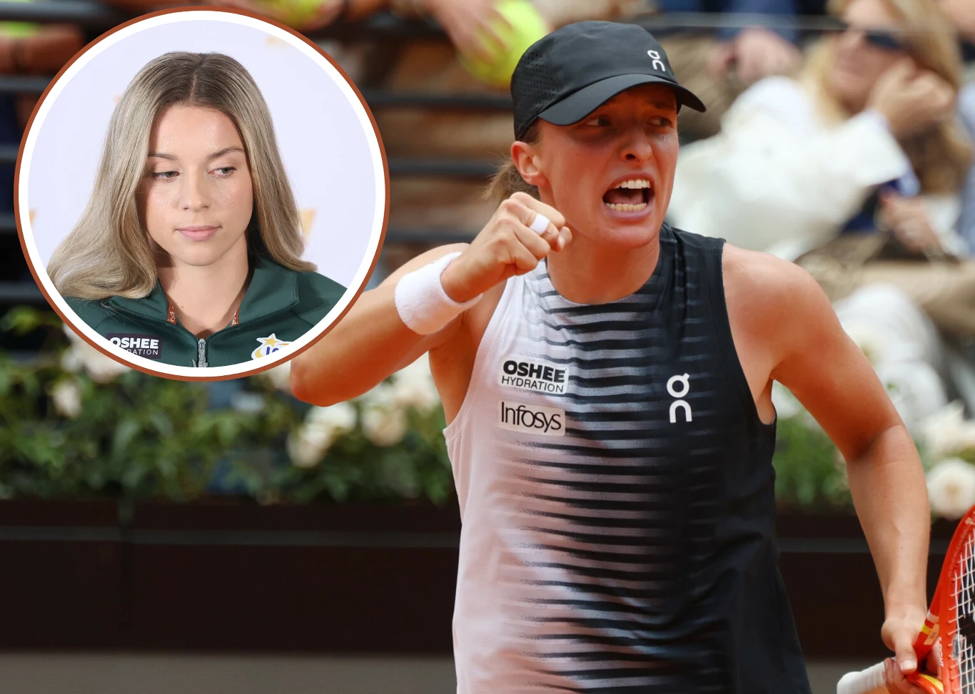 Tenis. Na zdjęciu Maja Chwalińska oraz Iga Świątek Maja Chwalińska na korcie w sportowym stroju i czapce, w lewym górnym rogu zdjęcie Igi Świątek.