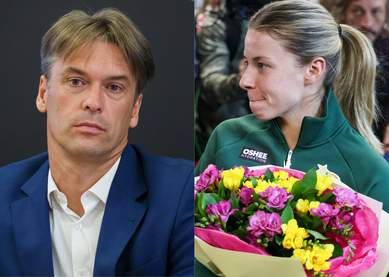 Mężczyzna w granatowej marynarce patrzący przed siebie oraz kobieta w zielonej sportowej bluzie, trzymająca bukiet kolorowych kwiatów.