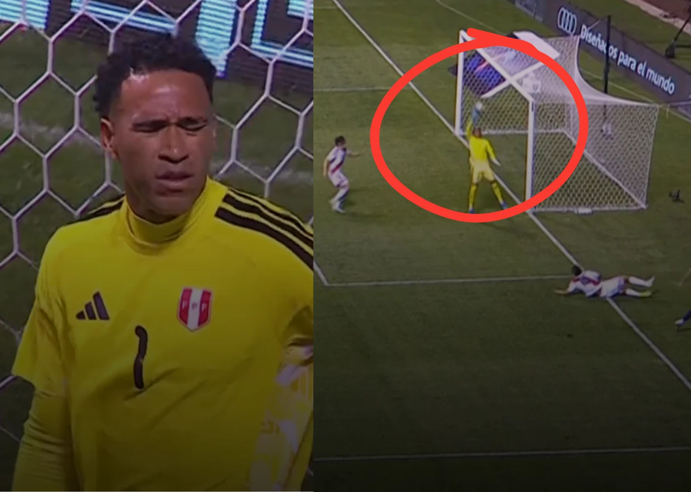 Pedro Gallese w meczu Peru - Hiszpania Pedro Gallese w żółtym stroju stoi na linii bramkowej, piłka przekracza linię, rywal leży w polu karnym.