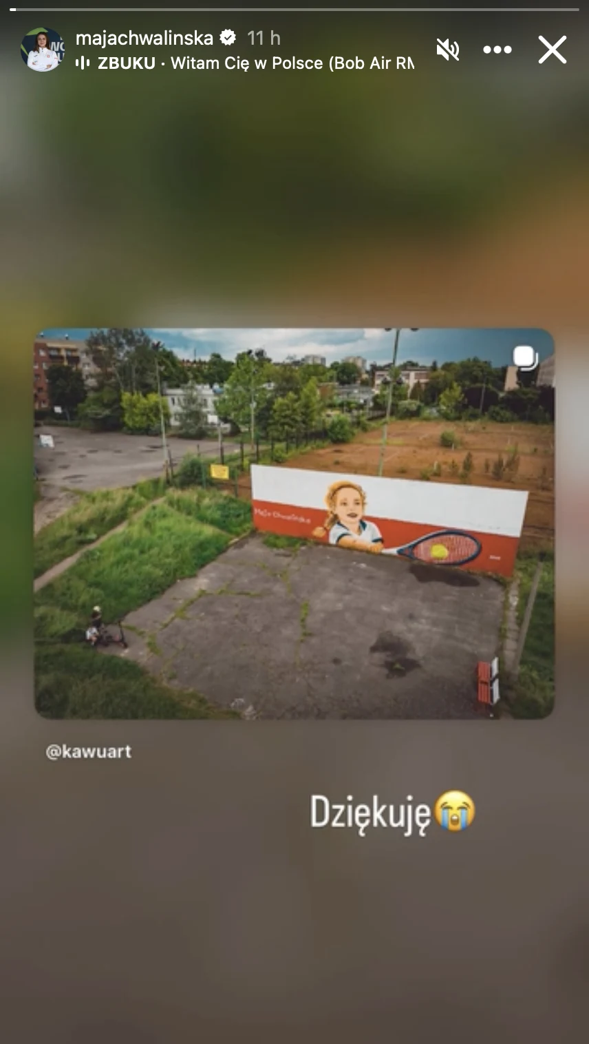 Duży mural przedstawiający uśmiechniętą kobietę trzymającą łyżkę widnieje na białej ścianie na pustym, zarośniętym placu.