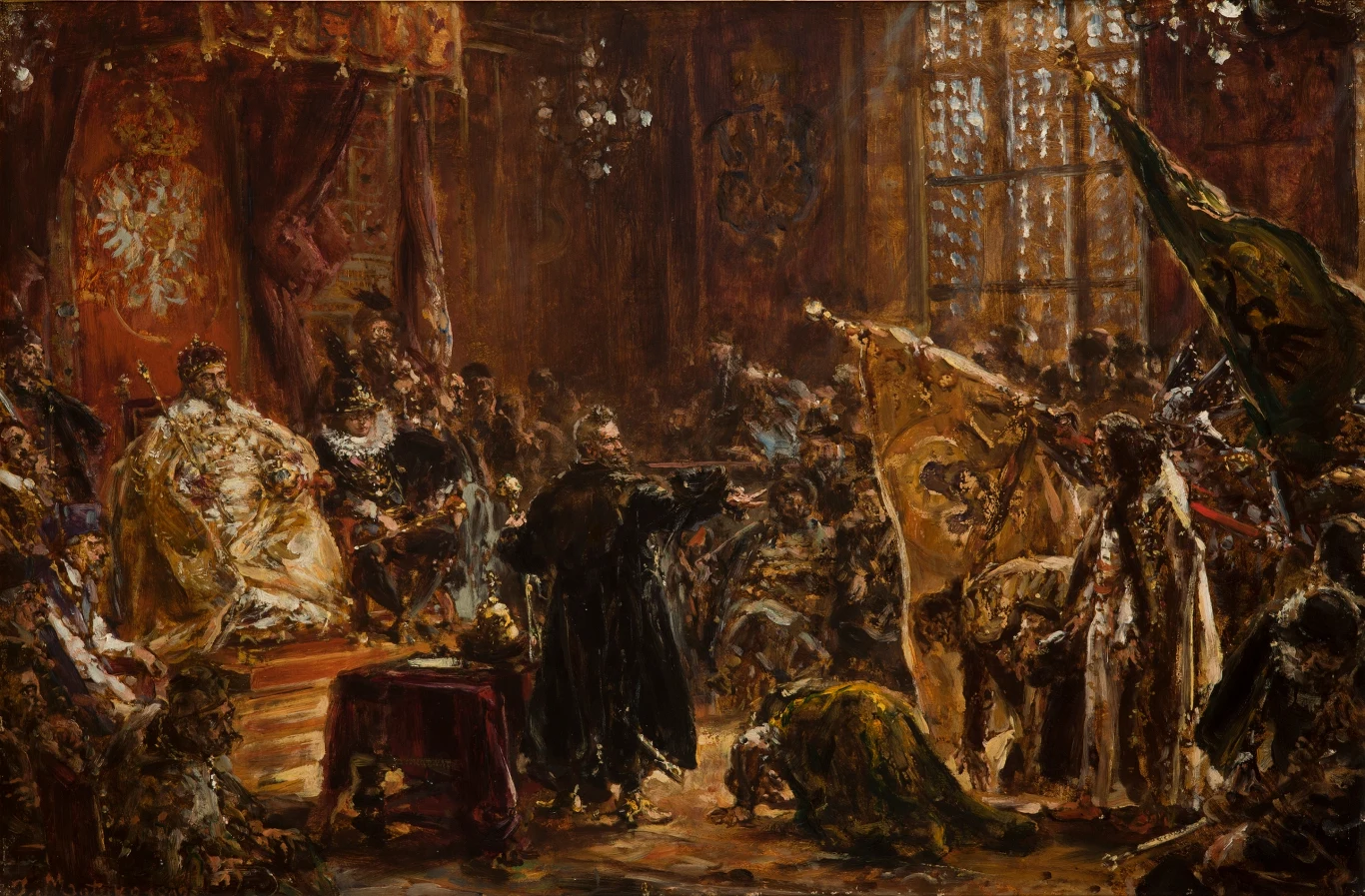 "Carowie Szujscy przed Zygmuntem III" Król w bogatych szatach zasiada na tronie otoczony przez dostojników, przed którymi klęczy poselstwo ze sztandarami, a centralna postać w czarnej szacie prezentuje swój hołd.
